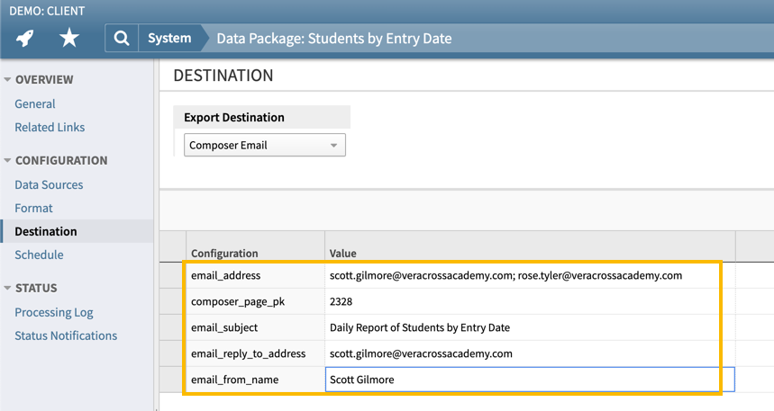 Data Package Configuration: Destination