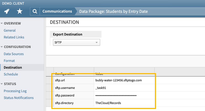Data Package Configuration: Destination